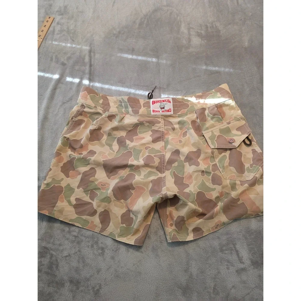 Birdwell Beach Britches Board Shorts Mens 38 Tan USMC Frogskin Camo Patch